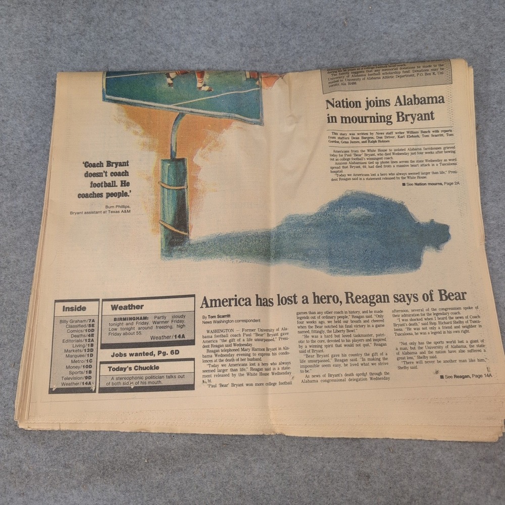 Birmingham News January 27 1983 Bear Bryant Alabama Football Tribute Newspaper - Picture 2 of 2